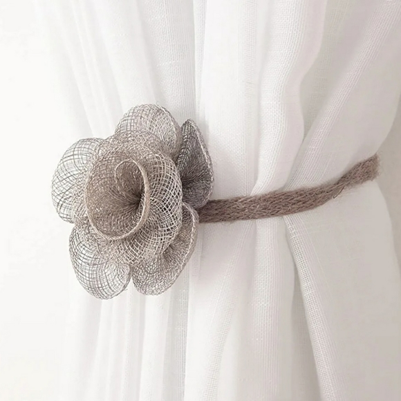 New - Flower Shape Magnetic Curtain drapery Tieback linen rope material grey (2) - Picture 2 of 9